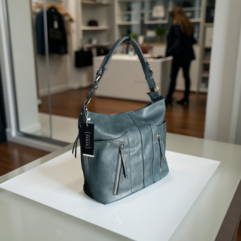 NWT Vegan Leather Shoulder Bag Tote! Dusty Blue! - Picture 4 of 7